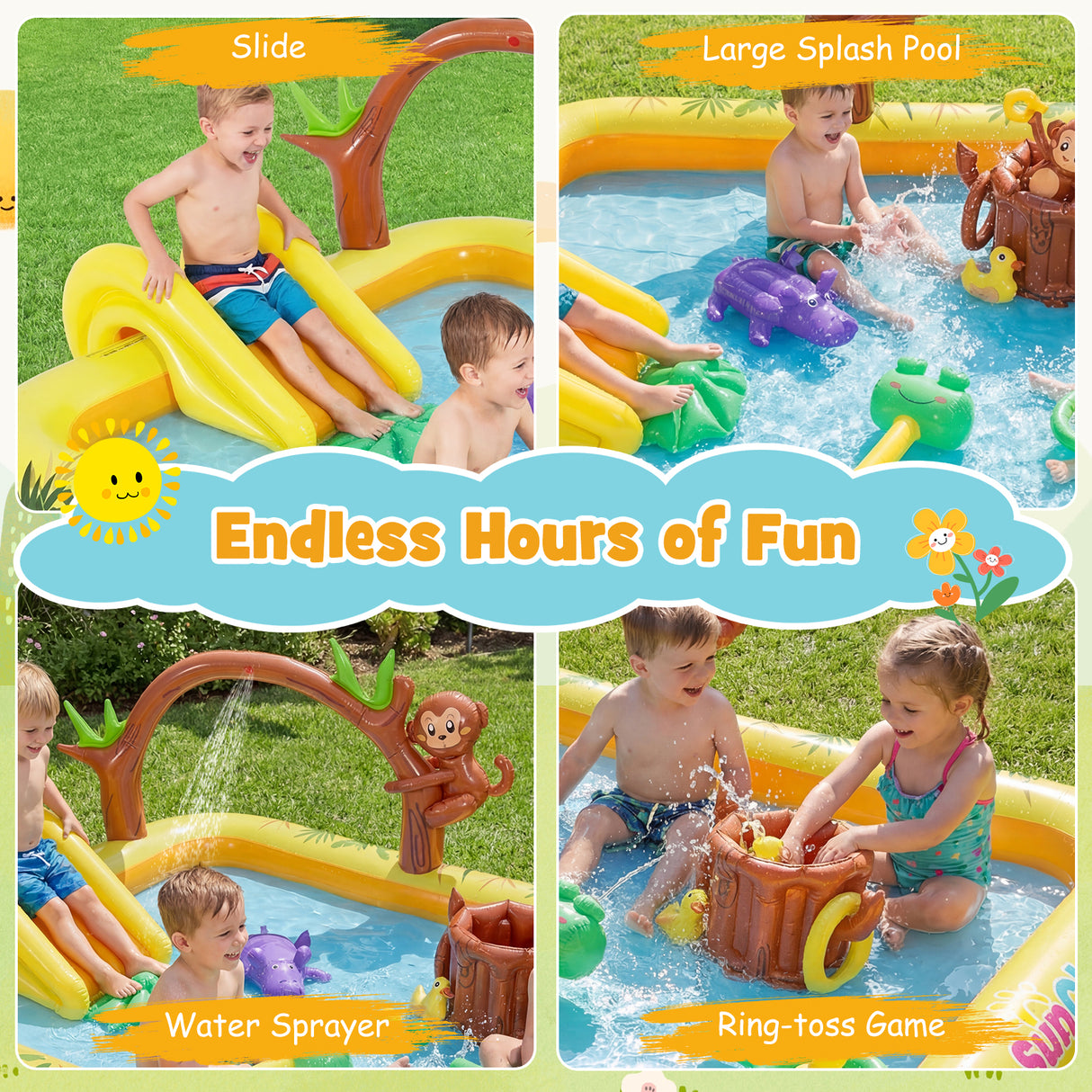 Inflatable Play Center, Animal Spray Pool with Slide, Arch-shaped Sprinkle