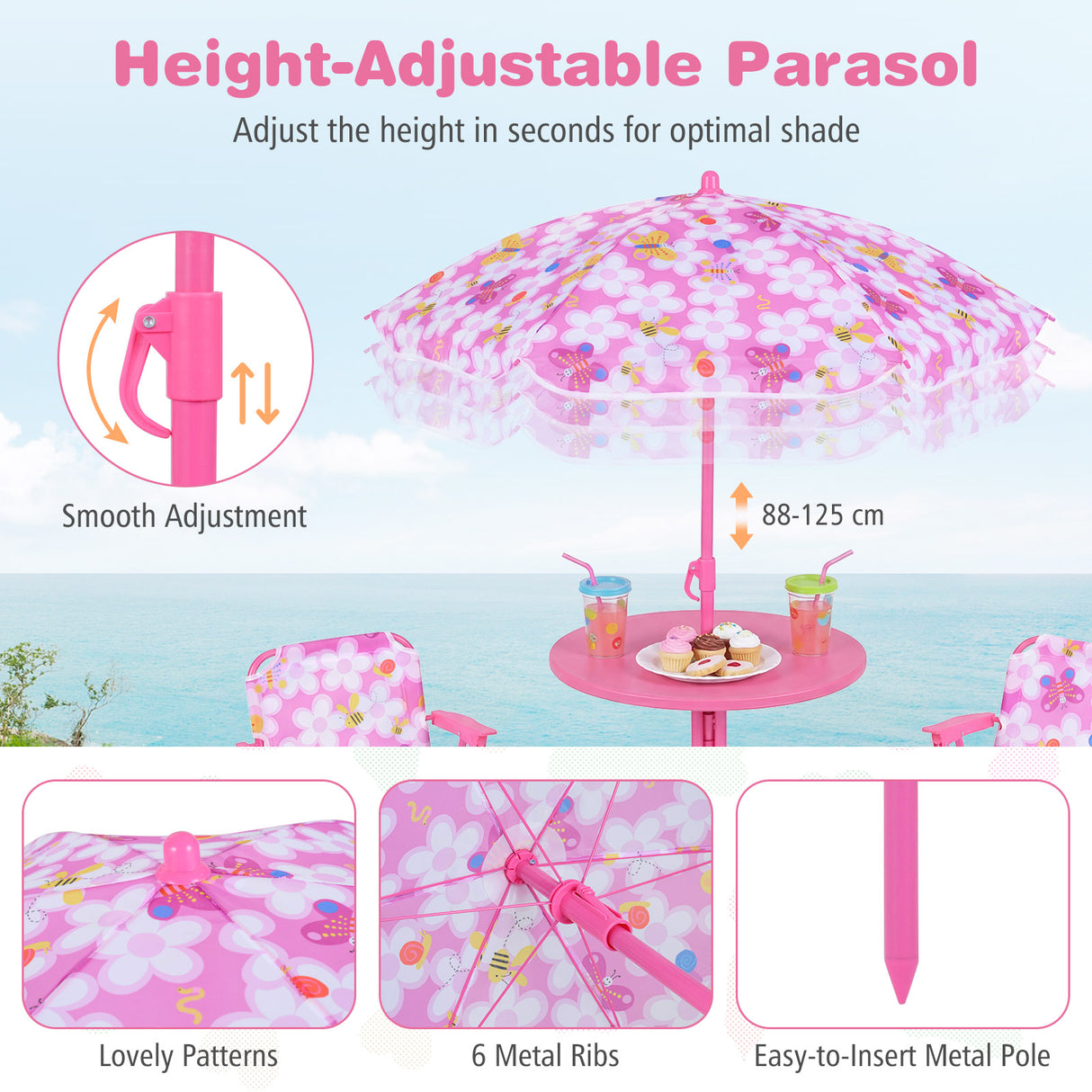 Kids Picnic Table with 2 Folding Chairs and Height Adjustable Umbrella for Garden