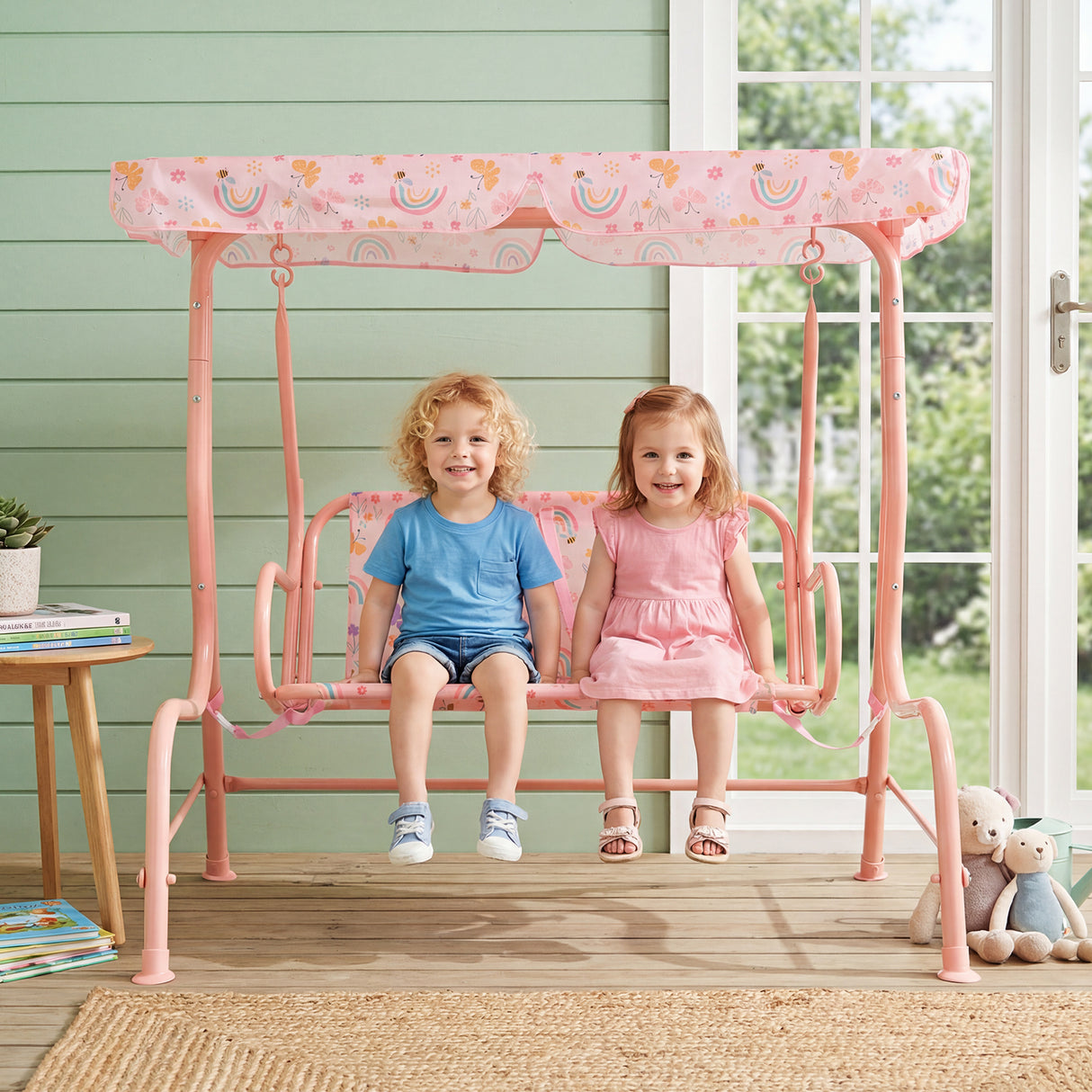 2-Seater Kids Porch Swing with Adjustable Canopy for Backyard and Garden