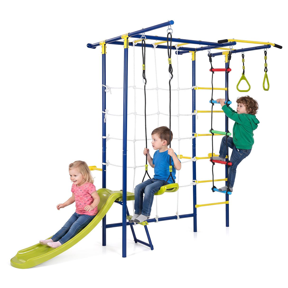 8-in-1 Indoor Jungle Gym for Kids Ages 3+, Wall-Mounted Climbing Playset
