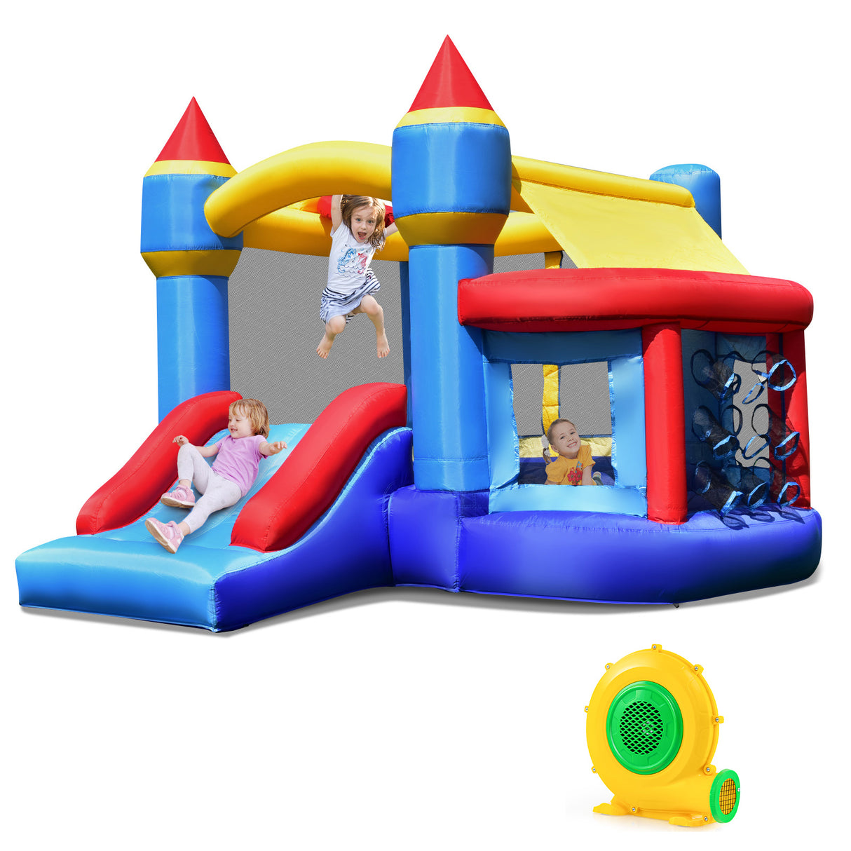 Colorful inflatable castle with slides and a blower on a white background