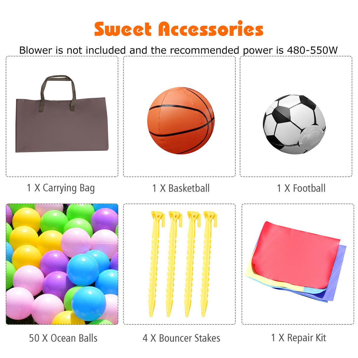 Set of sports accessories including a carrying bag, basketball, football, ocean balls, bouncer stakes, and repair kit with product details.