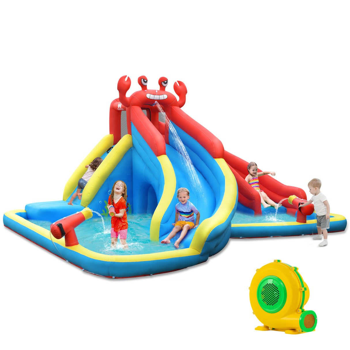 HONEY JOY Inflatable Water Slide, 7 in 1 Giant Water Park Double Long Slide w/Splash Pool, Tunnel Adventure