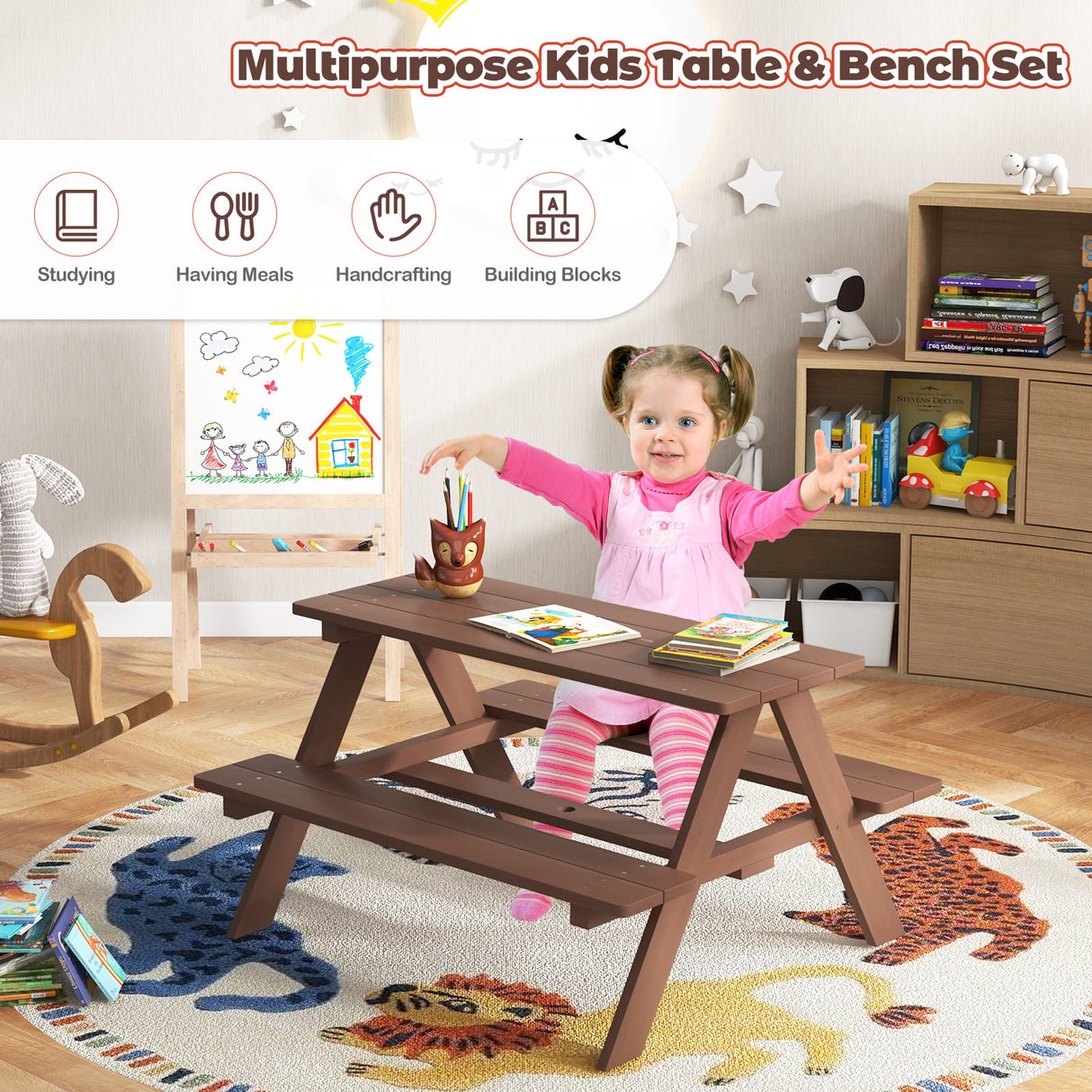 Children's table and bench set with a child playing in a room.
