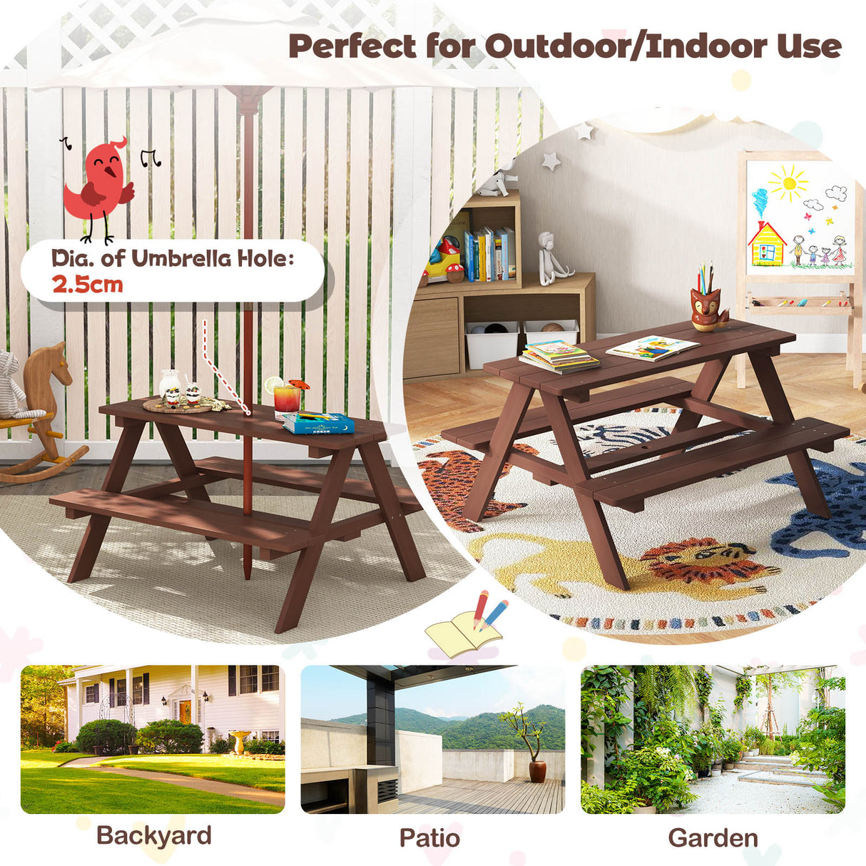 Wooden picnic table with benches in various settings including indoor and outdoor use.