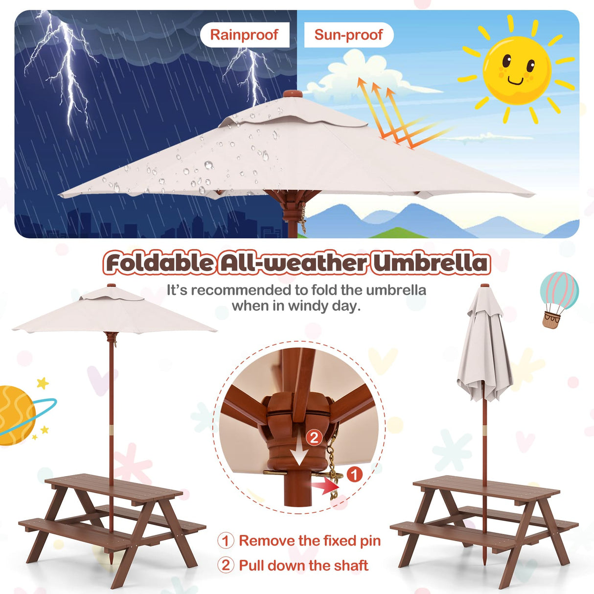 Foldable all-weather umbrella with rainproof and sun-proof features, shown with a picnic table.