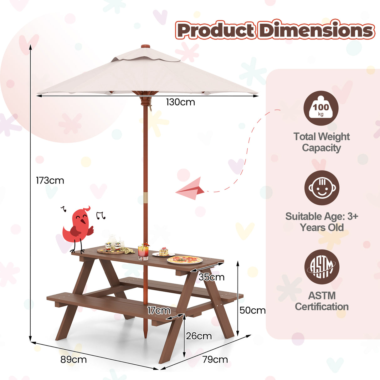 Wooden picnic table with umbrella and dimensions on a colorful background