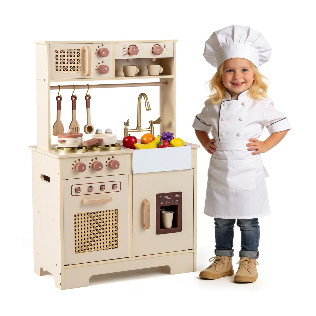 Play Kitchen for Kids Wooden Kitchen Playset with Realistic Lights and Sounds