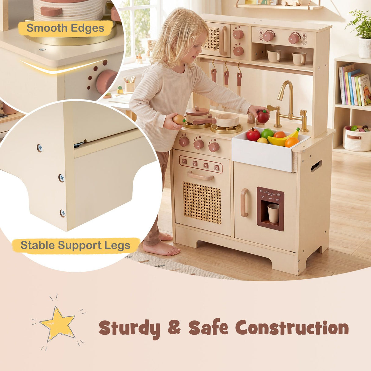 Play Kitchen for Kids Wooden Kitchen Playset with Realistic Lights and Sounds