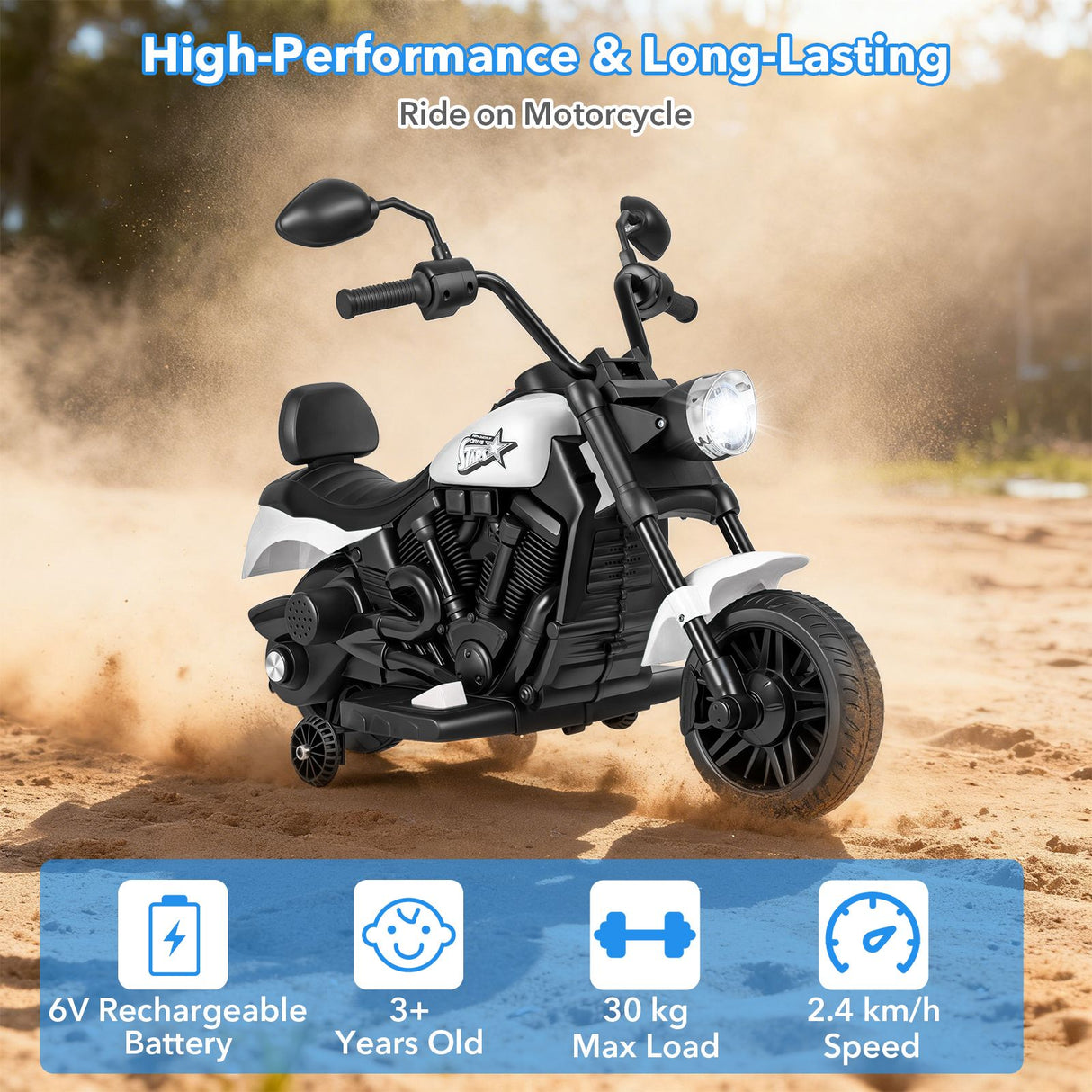 6V Battery Powered Ride on Toy with Detachable Training Wheels and Music