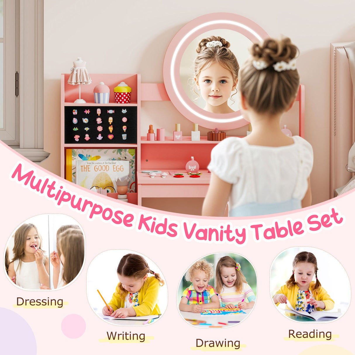 Kids Vanity Desk with Open Storage Shelves and Rings Slots