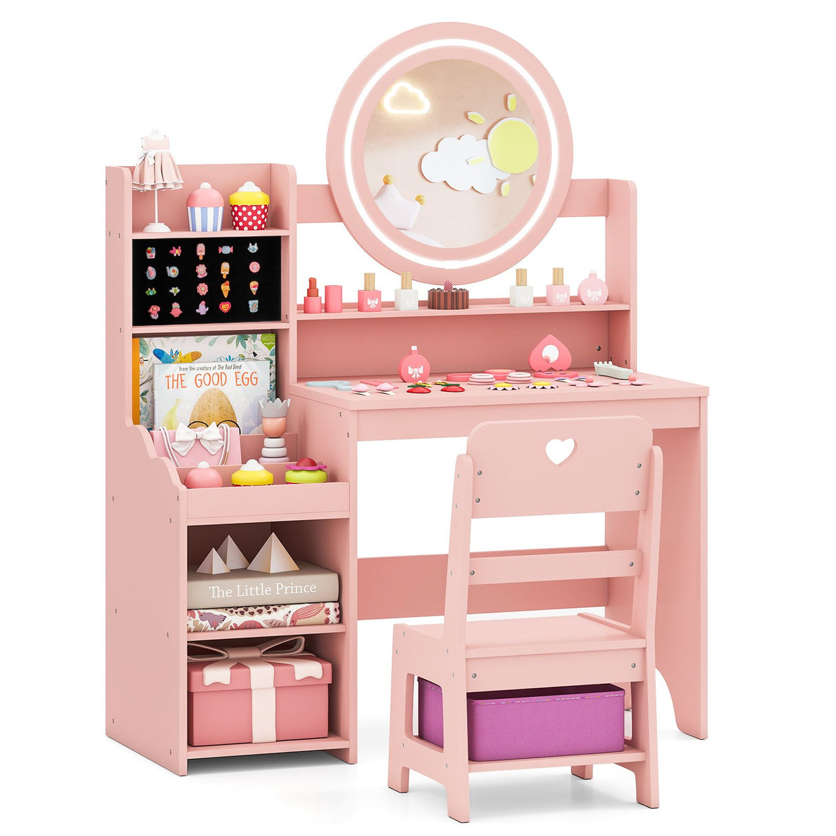 Kids Vanity Desk with Open Storage Shelves and Rings Slots