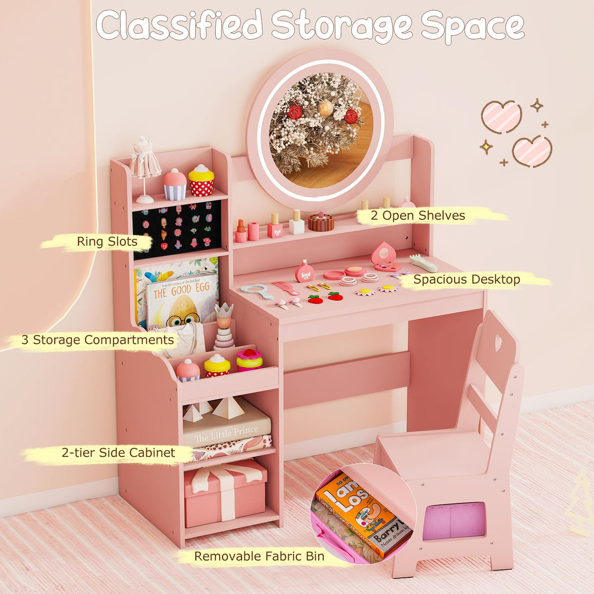 Kids Vanity Desk with Open Storage Shelves and Rings Slots