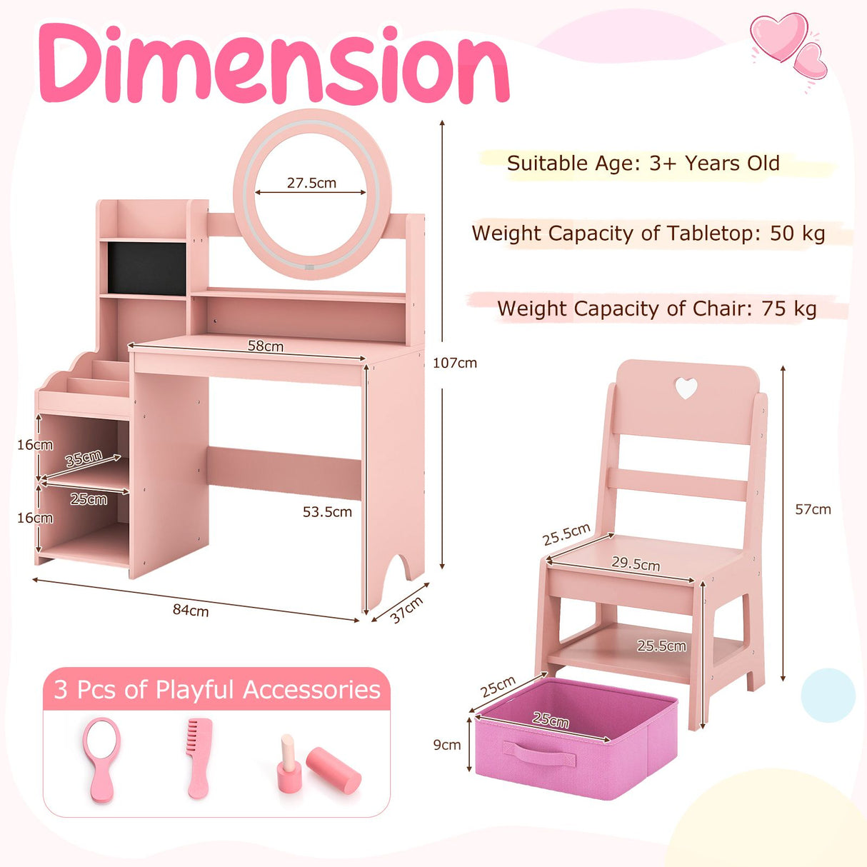 Kids Vanity Desk with Open Storage Shelves and Rings Slots