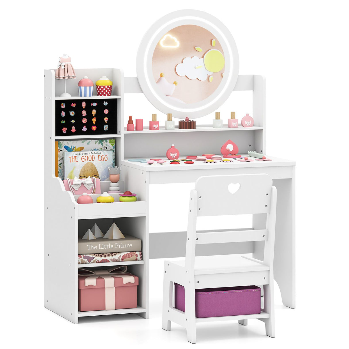 Kids Vanity Desk with Open Storage Shelves and Rings Slots