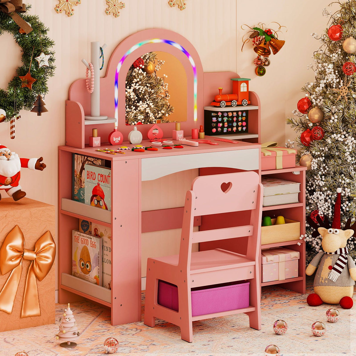 Princess Pretend Play Makeup Table with Open Storage Shelves and Jewelry Rack