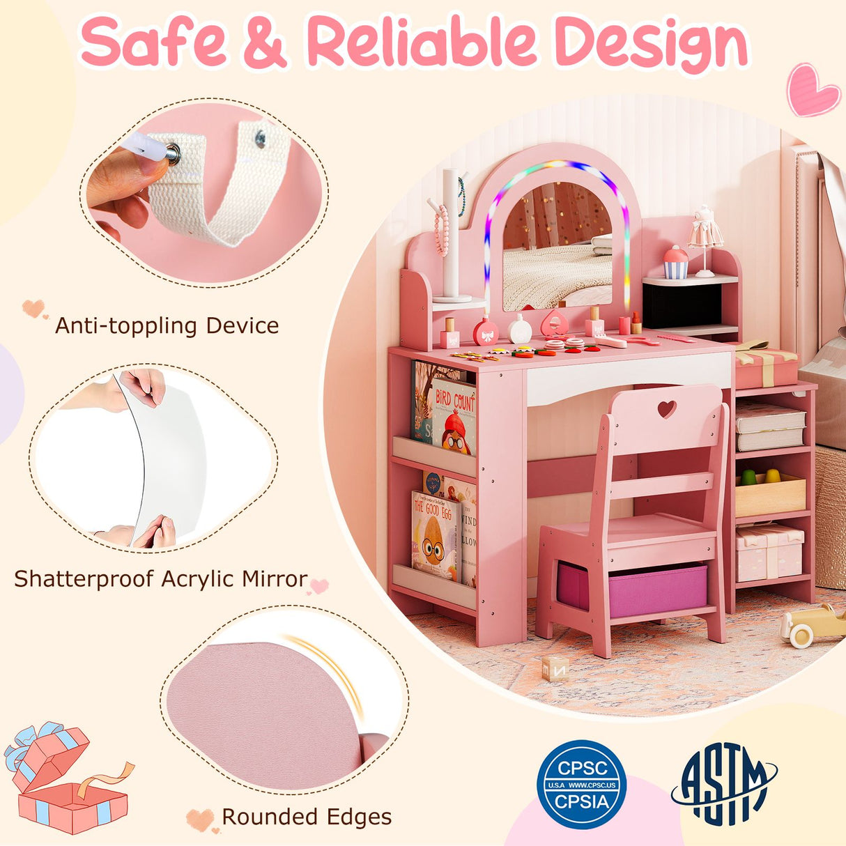 Princess Pretend Play Makeup Table with Open Storage Shelves and Jewelry Rack