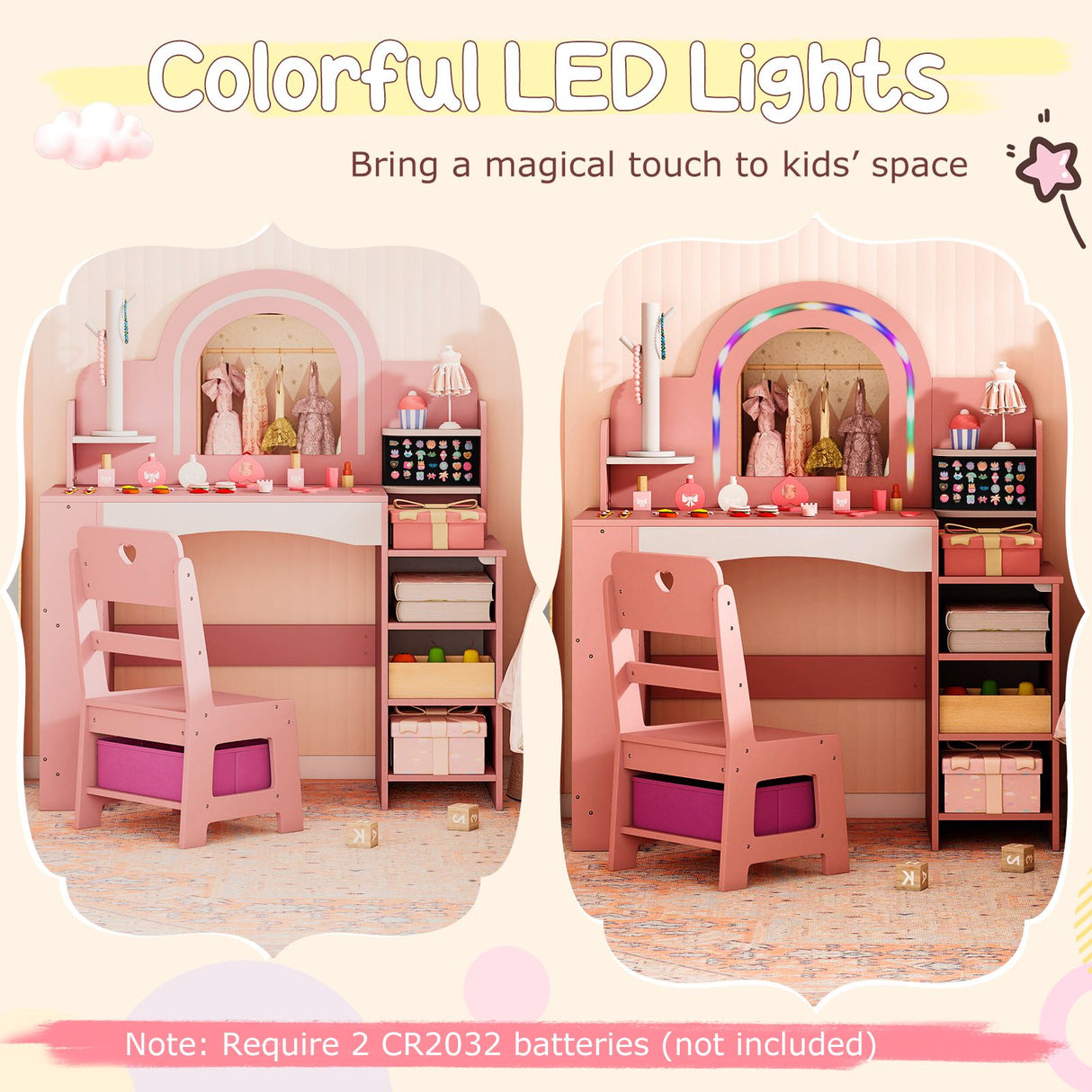 Princess Pretend Play Makeup Table with Open Storage Shelves and Jewelry Rack