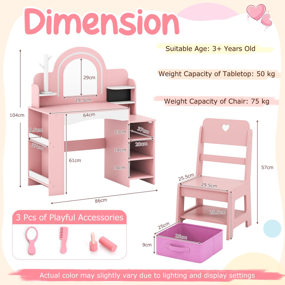 Princess Pretend Play Makeup Table with Open Storage Shelves and Jewelry Rack