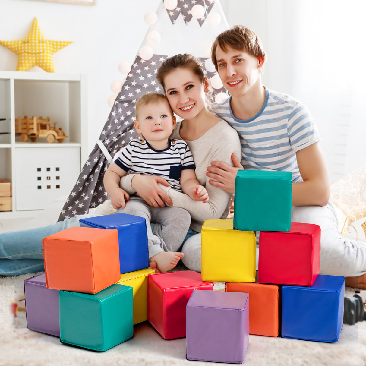BABY JOY Foam Building Blocks, 12-Piece 14 CM Colorful Stacking Climbing Foam Cubes Play Set for Kids