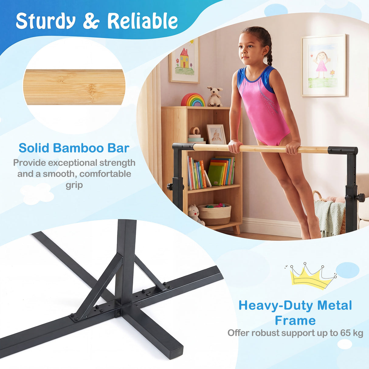 BABY JOY Kids Gymnastic Training Bar, 90 to 150cm Height Adjustable Expandable Exercise Horizontal Kip Bar w/Double Locking Mechanism