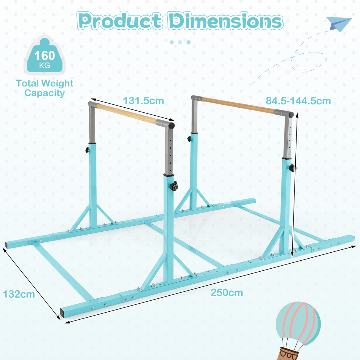 Double Horizontal Bars for Kids, 8 FT Junior Gymnastic Parallel Bars with 13-Level 33”-57” Adjustable Heights