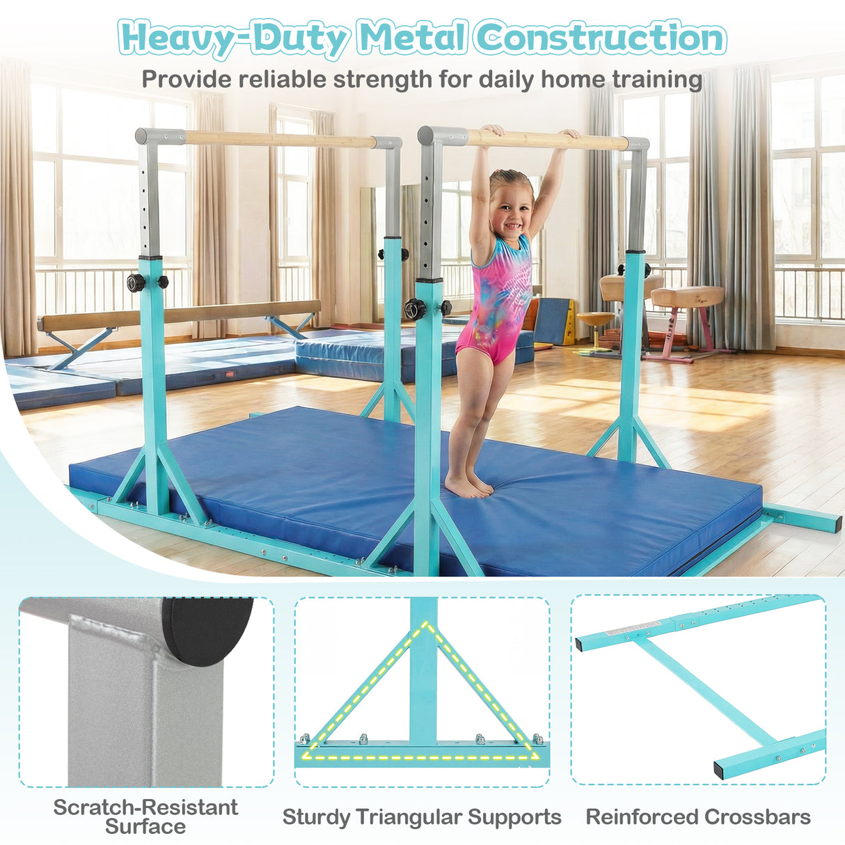 Double Horizontal Bars for Kids, 8 FT Junior Gymnastic Parallel Bars with 13-Level 33”-57” Adjustable Heights