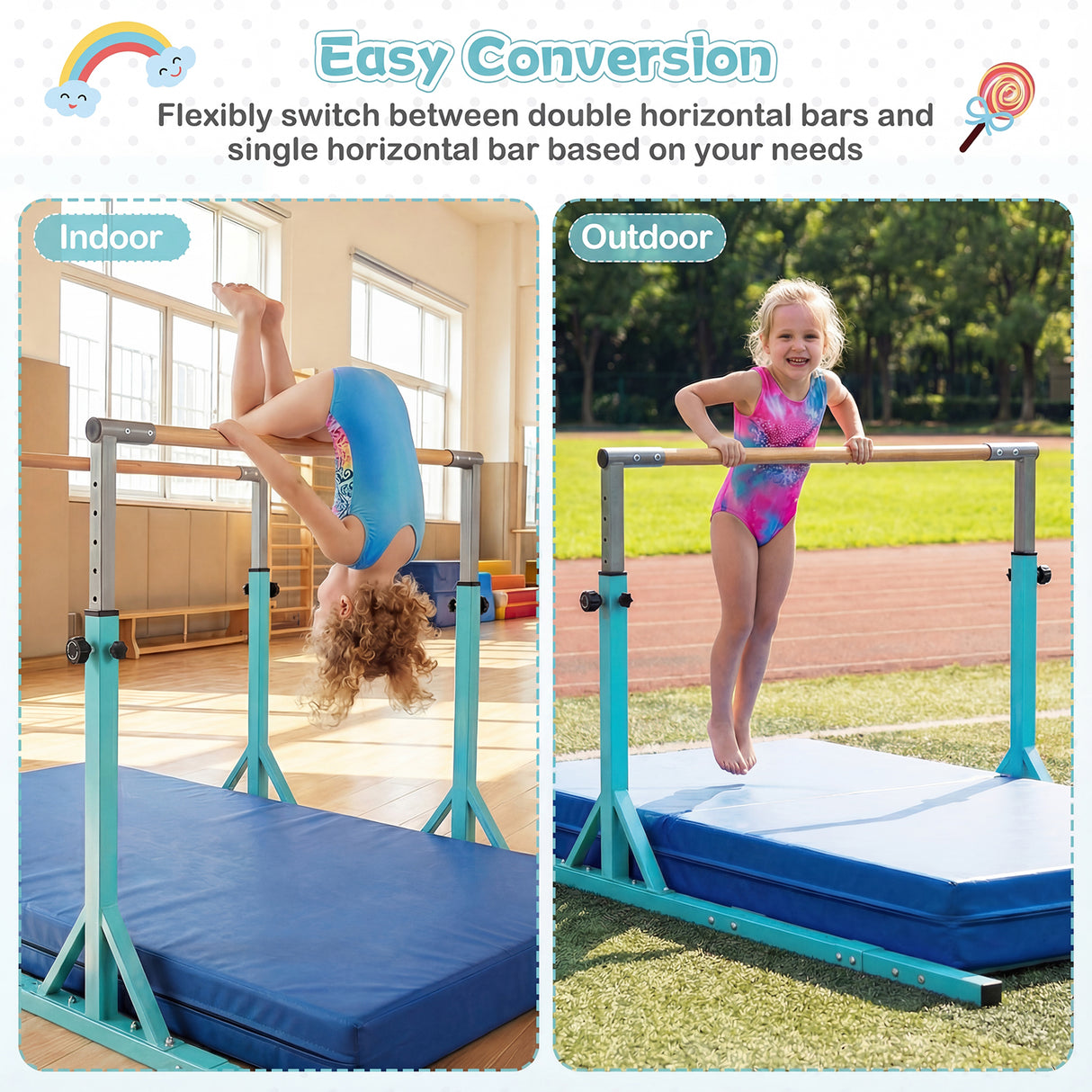 Double Horizontal Bars for Kids, 8 FT Junior Gymnastic Parallel Bars with 13-Level 33”-57” Adjustable Heights