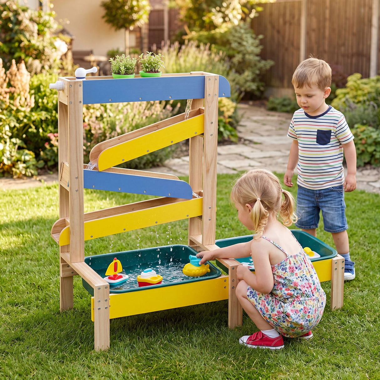 Sand and Water Table for Toddlers with 2 Basins Plant Pots and Sailboat