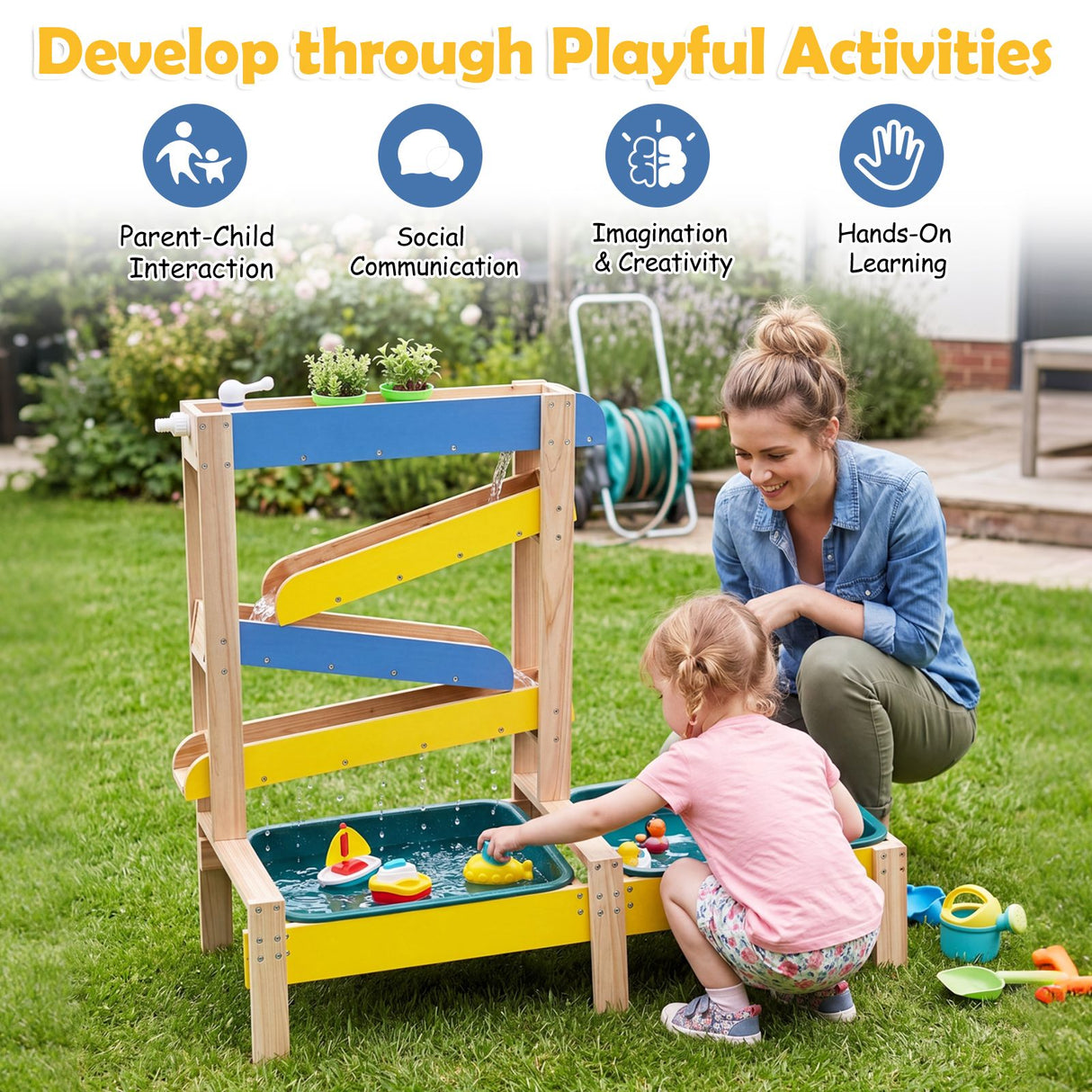 Sand and Water Table for Toddlers with 2 Basins Plant Pots and Sailboat