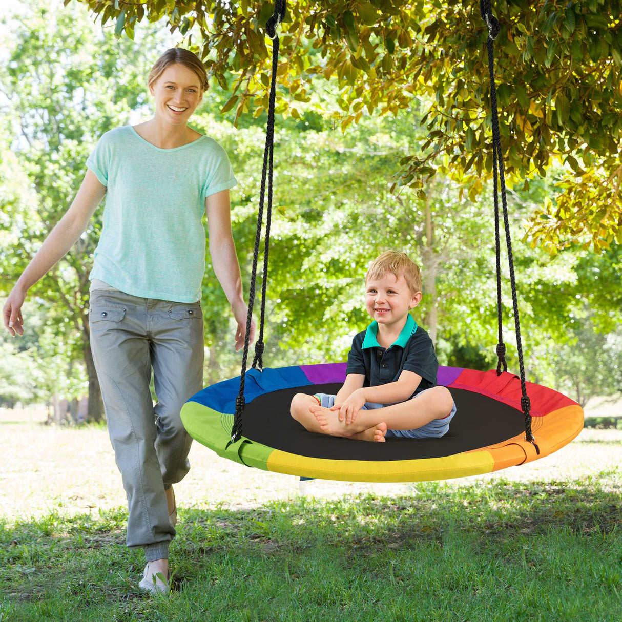 Outdoor Round Swing with Height Adjustment and 900D Oxford Fabric