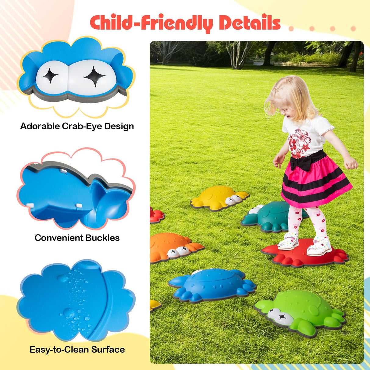 Children playing with colorful turtle toys on grass, highlighting child-friendly design features.