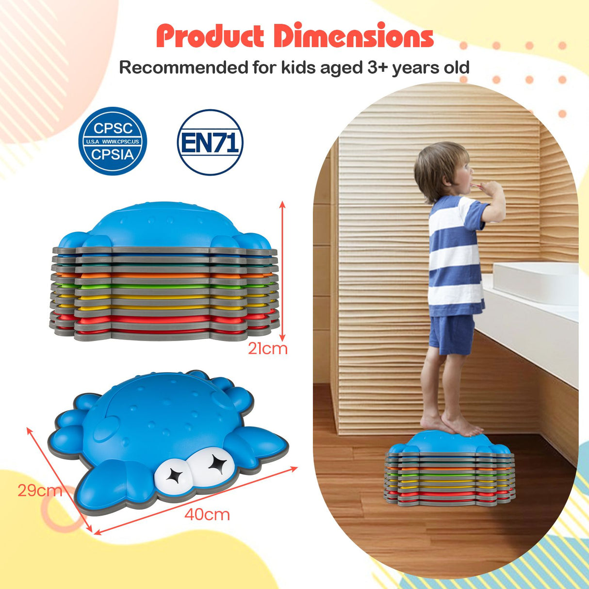 Blue step platform with dimensions and safety certification logos, shown with a child using it.