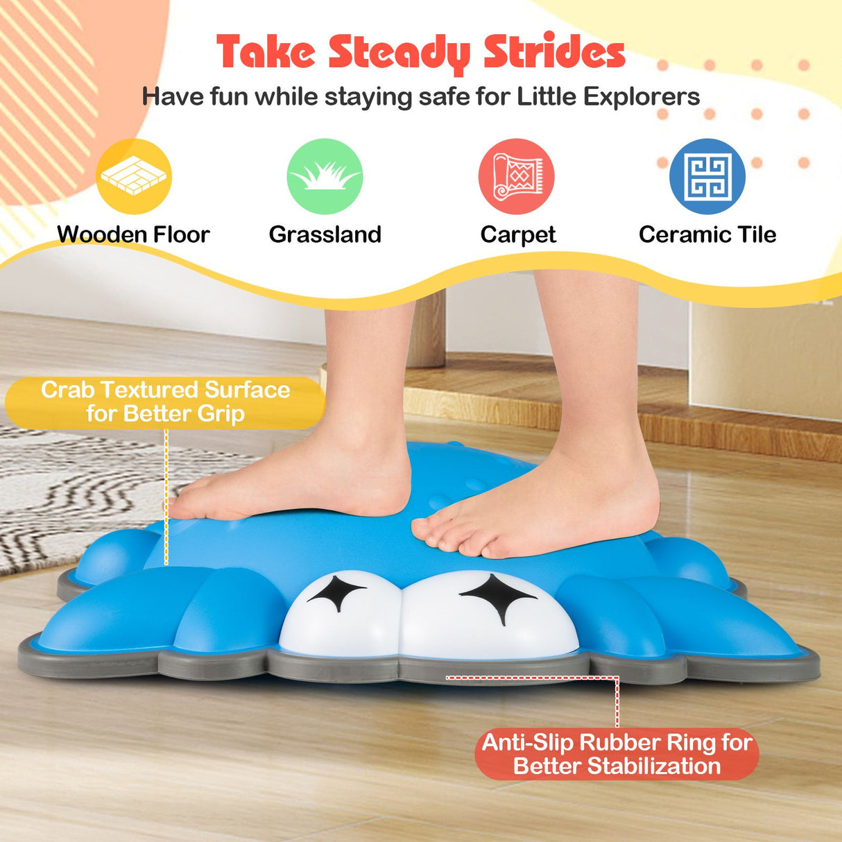 Blue foot pad with text and graphics on a wooden floor background