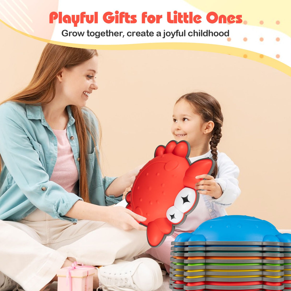 Woman and child playing with a red toy crab, with text 'Playful Gifts for Little Ones' on a beige background.