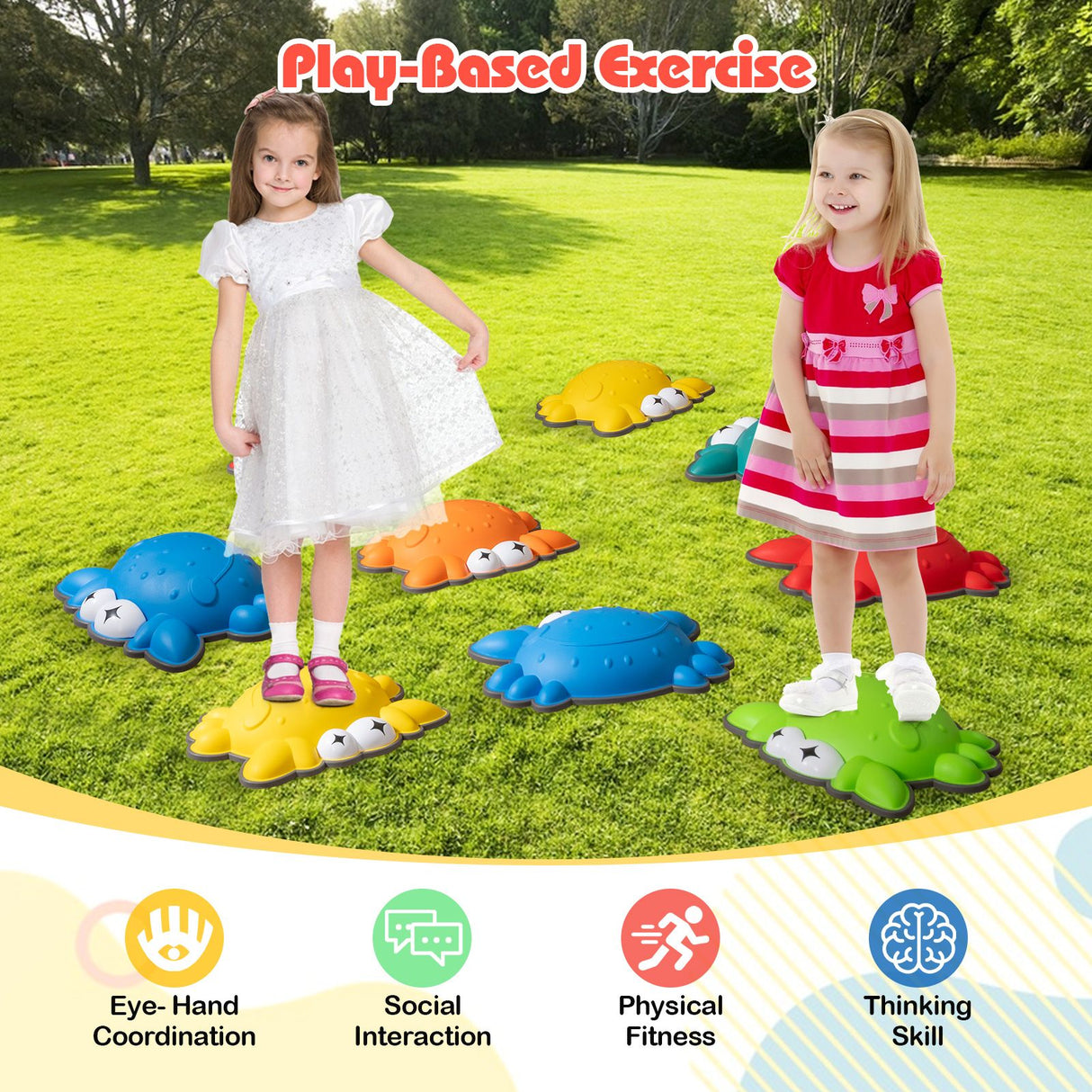 Two children standing on colorful stepping stones in a park with text about play-based exercise.