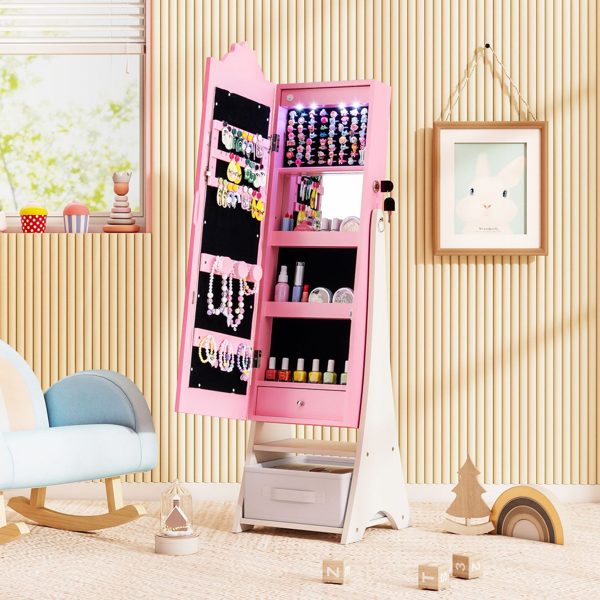 Standing Children Jewelry Organizer with Full-Length Mirror