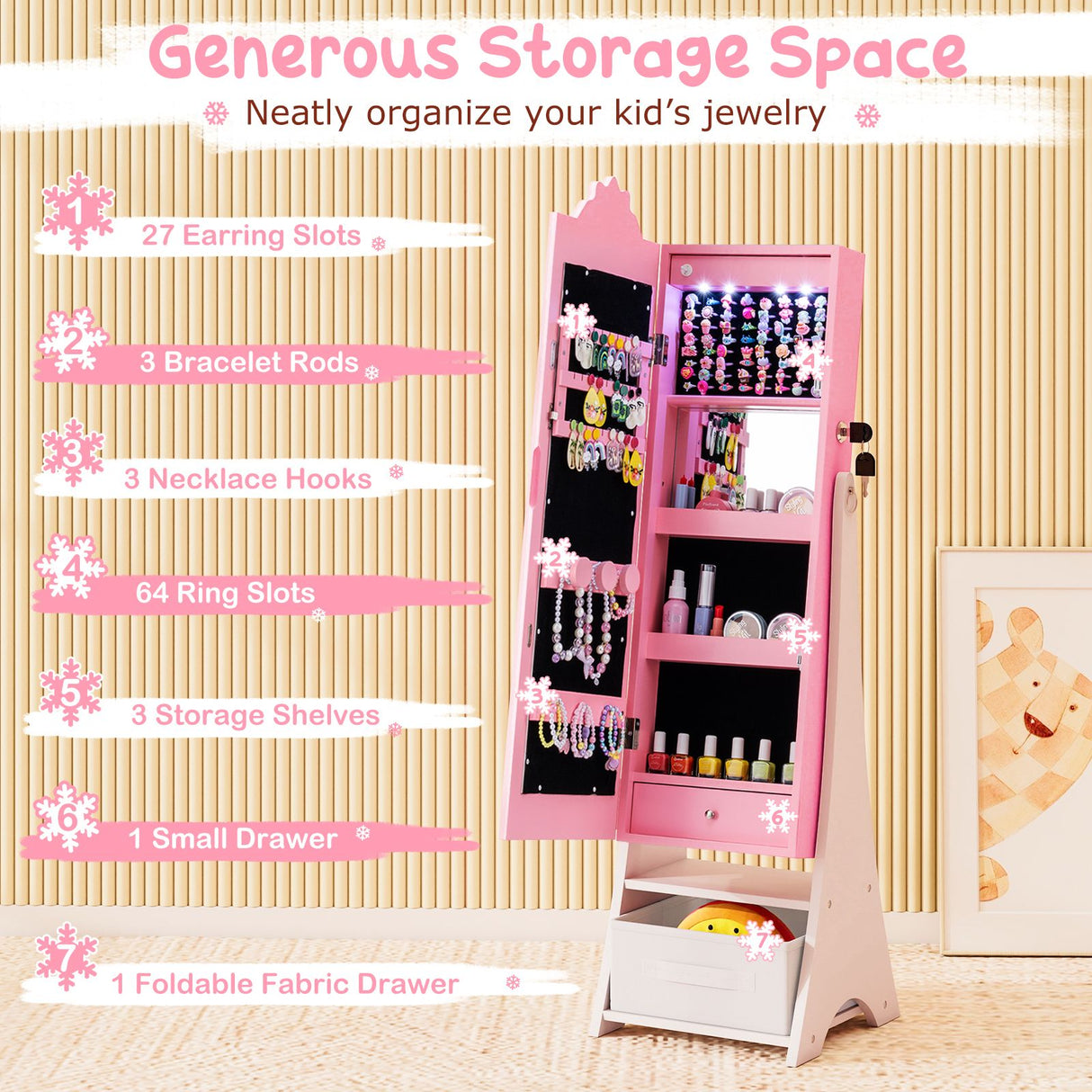 Standing Children Jewelry Organizer with Full-Length Mirror