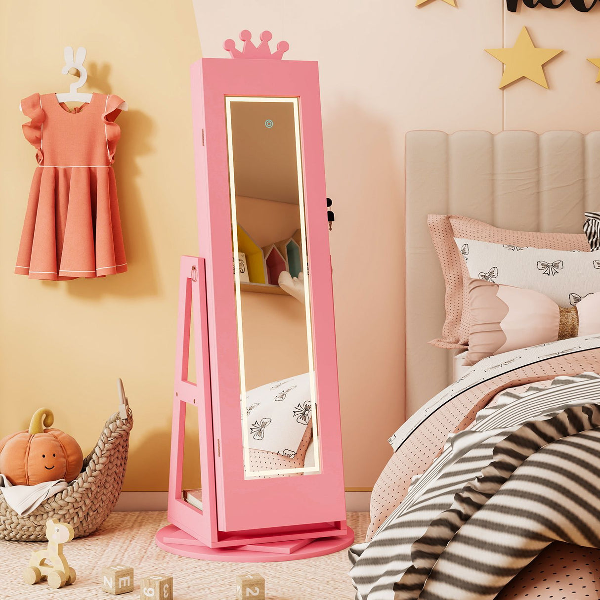Swivel Kids Jewelry Cabinet with Lights and Built-in Mirror
