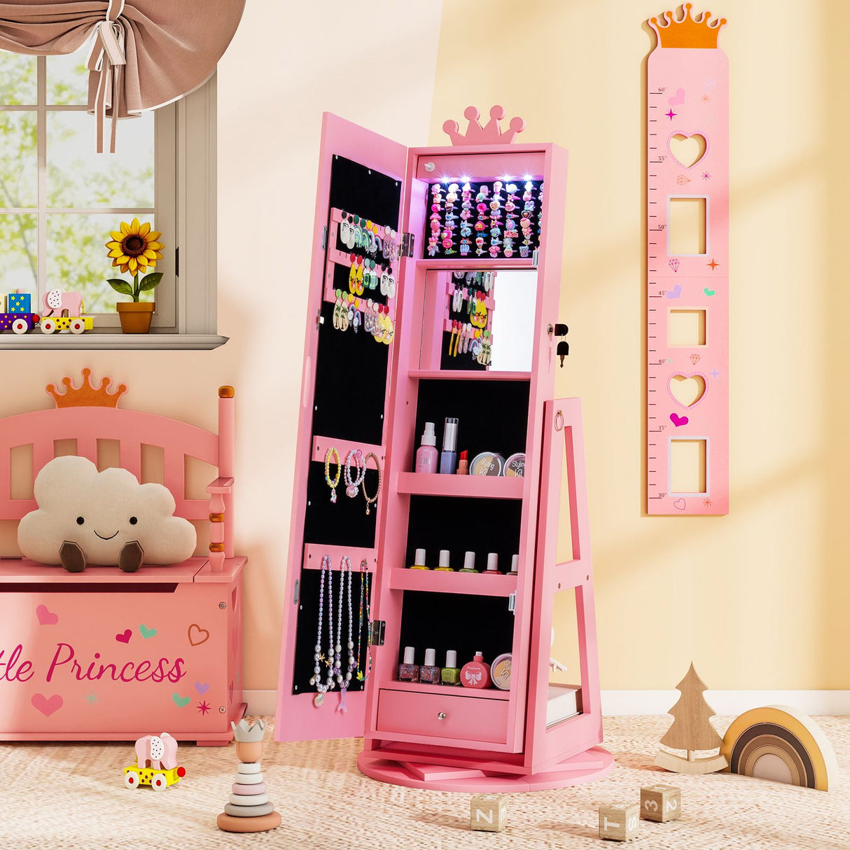 Swivel Kids Jewelry Cabinet with Lights and Built-in Mirror
