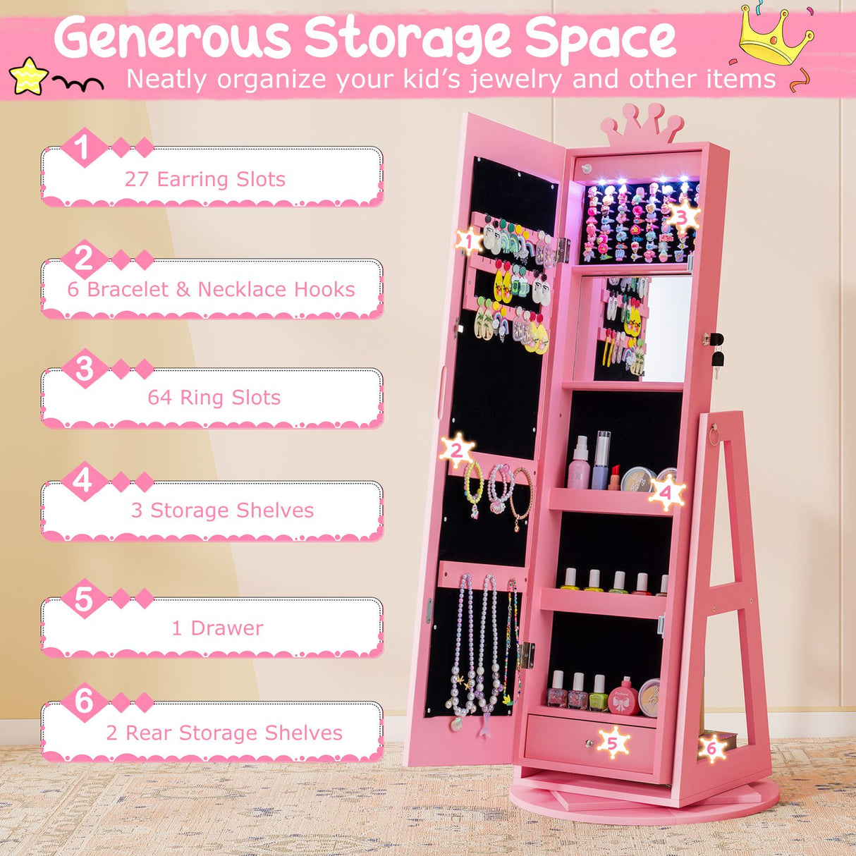 Swivel Kids Jewelry Cabinet with Lights and Built-in Mirror