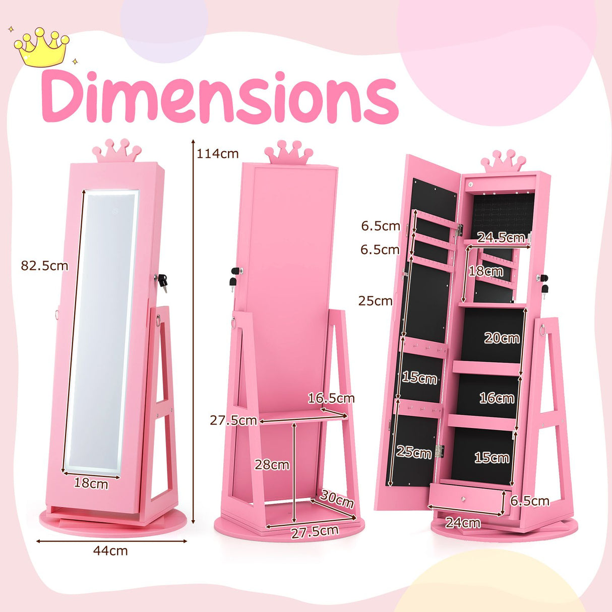 Swivel Kids Jewelry Cabinet with Lights and Built-in Mirror