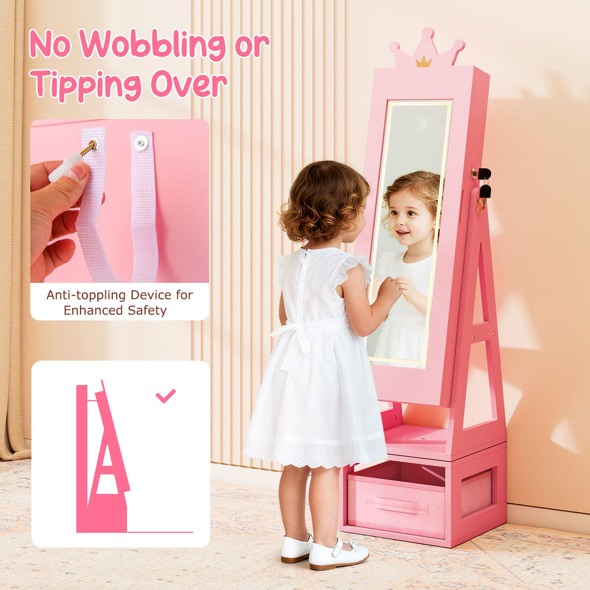 Swivel Kids Jewelry Cabinet with Lights and Full-Length Mirror