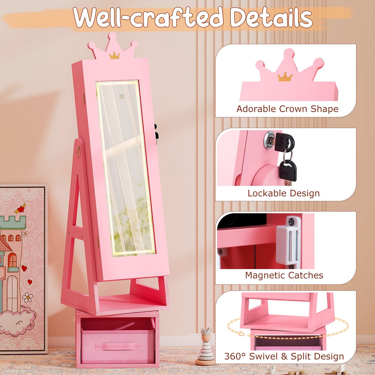 Swivel Kids Jewelry Cabinet with Lights and Full-Length Mirror