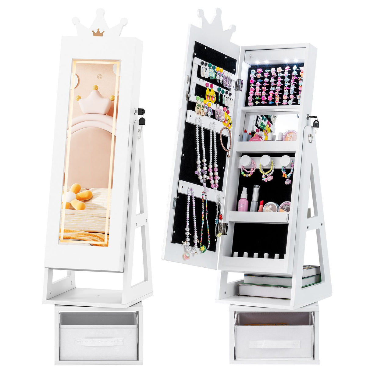 Swivel Kids Jewelry Cabinet with Lights and Full-Length Mirror
