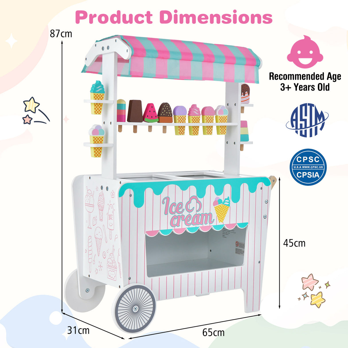 HONEY JOY Wooden Ice Cream Cart for Kids