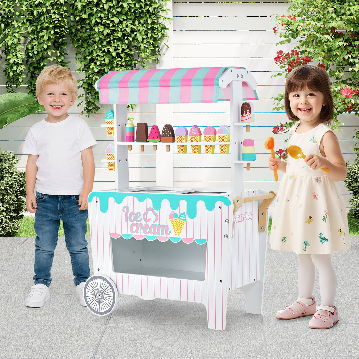 HONEY JOY Wooden Ice Cream Cart for Kids