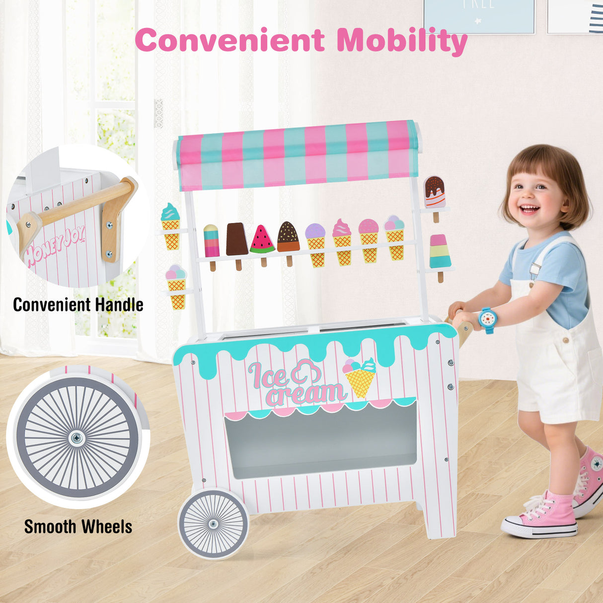 HONEY JOY Wooden Ice Cream Cart for Kids