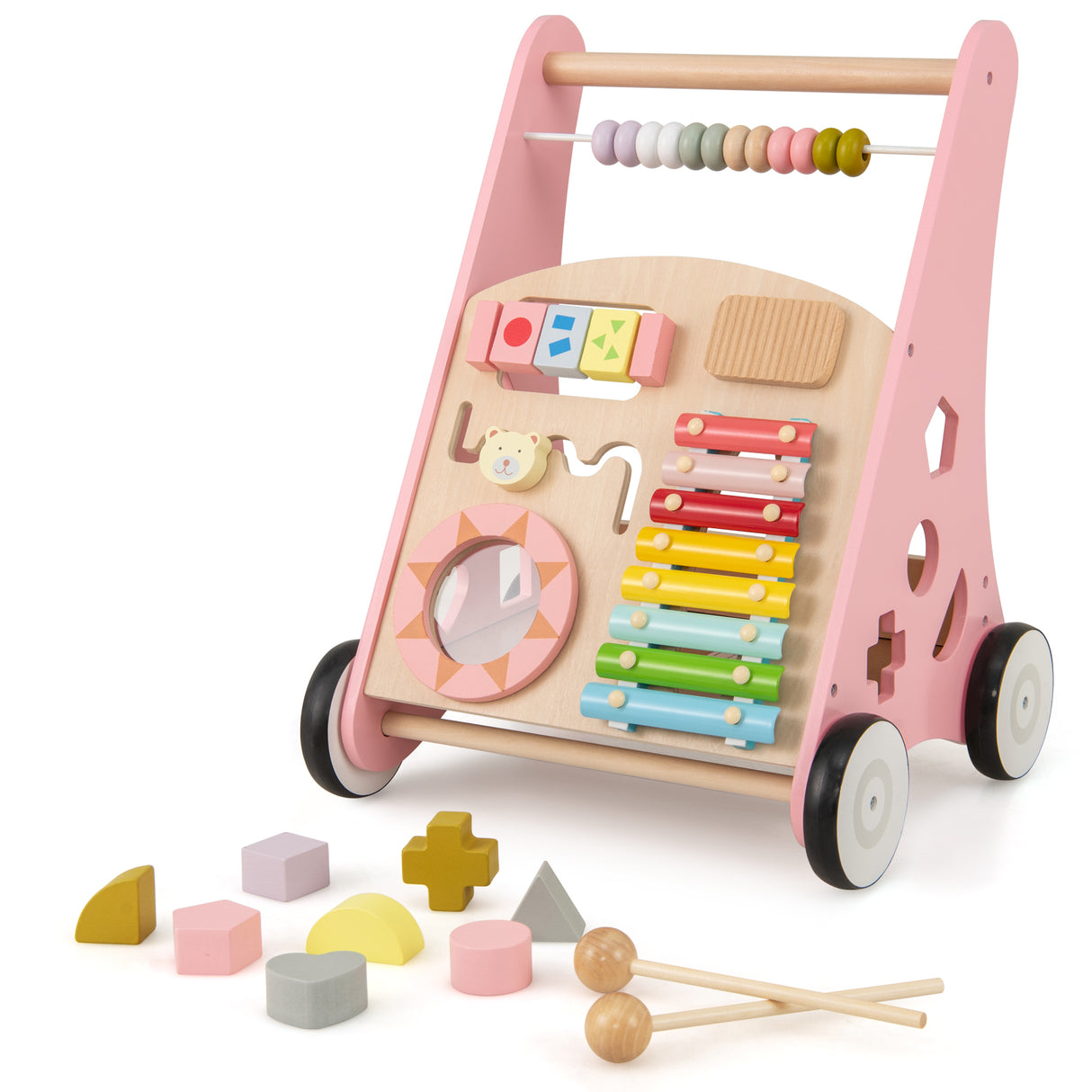 BABY JOY Wooden Baby Walker, Push and Pull Sit-to-Stand Learning Walker