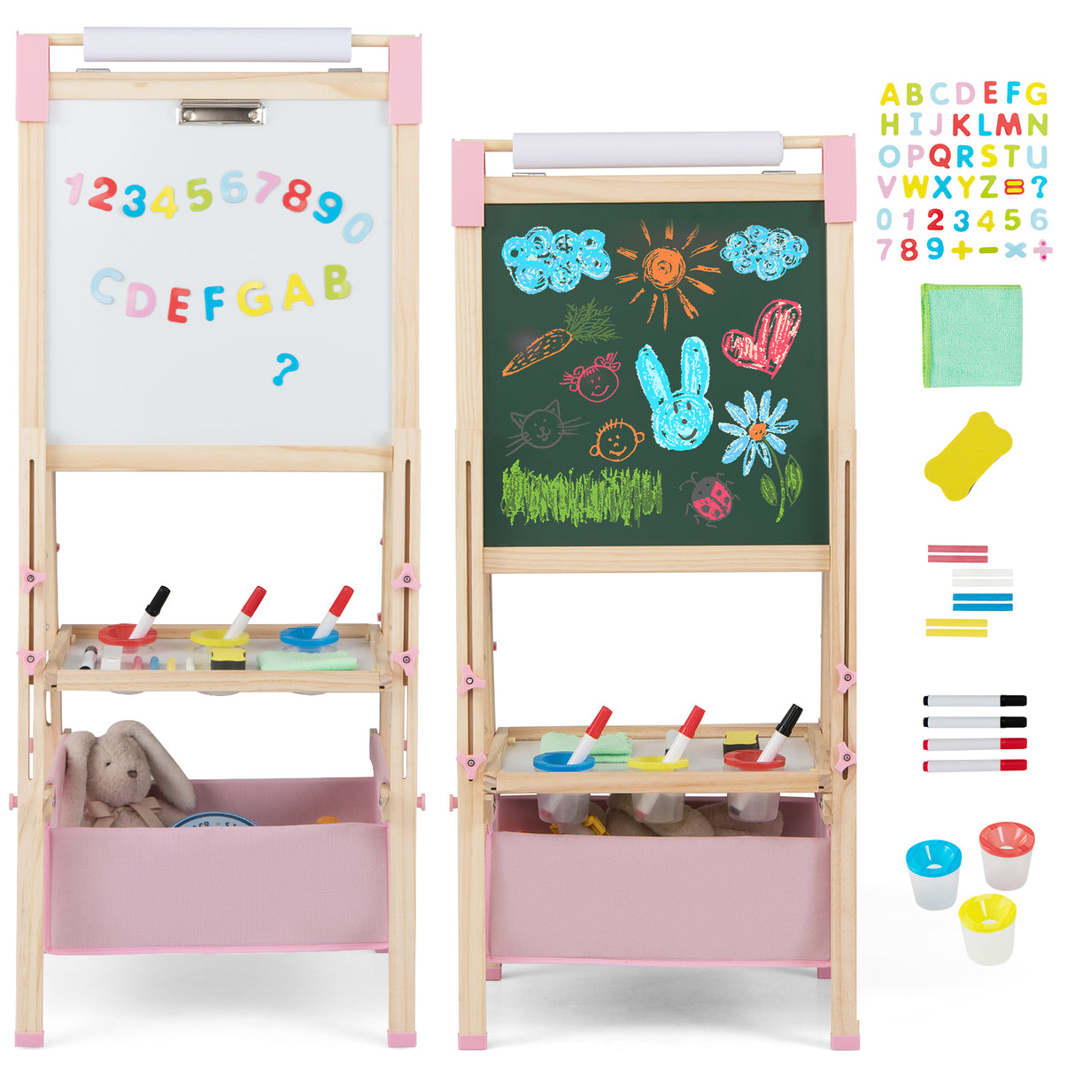 BABY JOY Kids Art Easel, Adjustable Height Double Sided Easel w/Chalkboard & Whiteboard